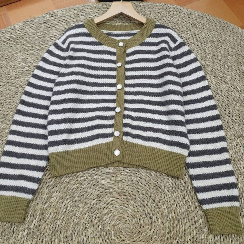 Gray White Stripe Olive Trim Pearl Button Knit Cardigan Cozy Cropped Sweater